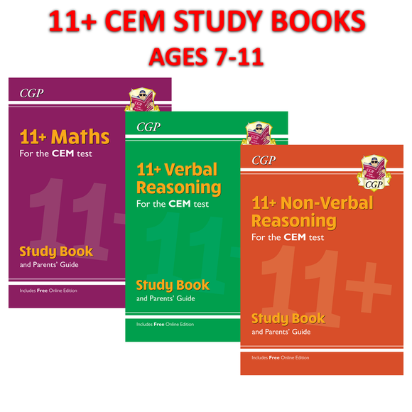 11 PLUS CEM Ages 7-11 Study Books Maths Verbal and Non Verbal 3 BOOKS Bundle CGP