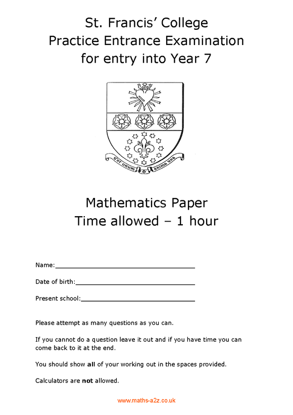 Model Answers for St. Francis’ College Practice Entrance Examination for entry i